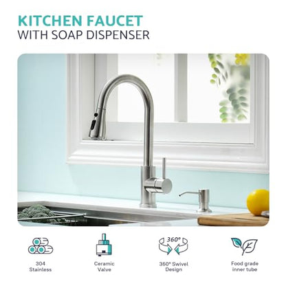 Kitchen Sink Faucet with Soap Dispenser, 3 Modes Kitchen Faucet with Pull Down Sprayer and Soap Dispenser, 304 Stainless Brushed Nickel Single Handle Kitchen Bar Faucets with Water Lines - color: Brushed Nickel Transitional, size: 15.2 Inches