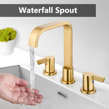 Brushed Gold Bathroom Faucet 3 Hole 8 Inch Widespread Waterfall | 2-Handle Vanity Faucet, Pop-Up Drain, Supply Lines, Adjustable 4- to 16-Inch Widespread Fit, 360° Swivel Spout - color: Brushed Gold