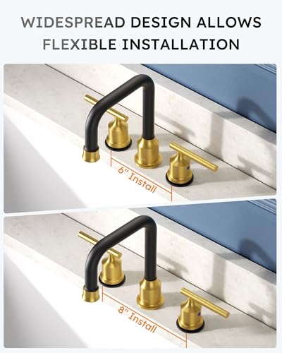 WOWOW Black Gold Bathroom Faucet 3 Hole, Widespread Vanity Sink Faucets | Copper Inlet Faucet for Bathroom Sink with Swivel Spout, 2 Handles Lavatory Tap with Drain and cUPC Supply Line (Set of 2) - color: Black and Gold x 2, style: Upgrade-8 Inch
