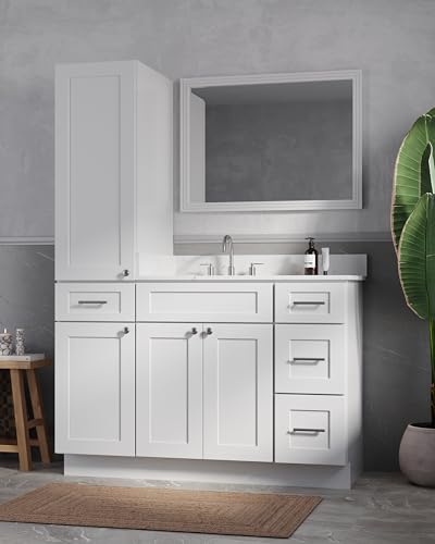 51" Bathroom Vanity with Linen Storage Tower and 4 Drawers, Carrara Quartz Top and Ceramic Sink, Left or Right Tower Option, Solid Wood Frame, 52" x 22" x 72" (White, Left Tall Cabinet) - color: White