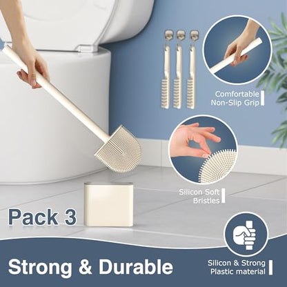 3 Pack Silicone Toilet Brushes & Holders– Includes 3 Crevice Brushes for Bathroom, Long Non-Slip Handle – Durable Bathroom Cleaning Set.