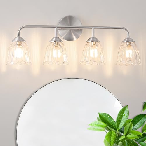 Daunton Vintage 4-Light Brushed Nickel Bathroom Light Fixtures, Elegant Bathroom Vanity Lights Over Mirror, Vanity Lighting with Clear Shade, Art Deco Wall Sconce Lighting for Bedroom - color: Nickel, size: 24.8in