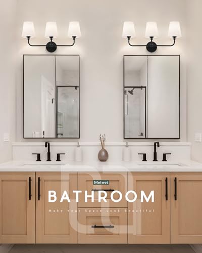 Bathroom Light Fixtures, Matte Black Vanity Lights with Flared White Fabric Shade, 3 Light Wall Sconce, Modern Sconces Wall Lighting for Hallway Bedroom, VL837-MB-3 | 24.5" bathroom light fixtures over mirror, upward only, E26 base, bulbs not included, VL