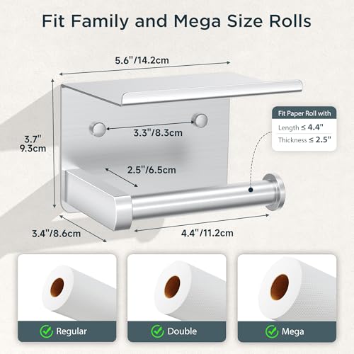 FORIOUS Toilet Paper Holder with Shelf, Adhesive or Screw, Commercial | Brushed Nickel | Wall Mount Bathroom Tissue Holder | SUS304 Stainless Steel Rustproof | Bathroom Tissue Roll Holder - color: Stainless Steel