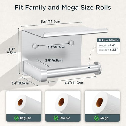 FORIOUS Toilet Paper Holder with Shelf, Adhesive or Screw, Commercial | Brushed Nickel | Wall Mount Bathroom Tissue Holder | SUS304 Stainless Steel Rustproof | Bathroom Tissue Roll Holder - color: Stainless Steel