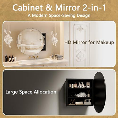 Black Medicine Cabinet Mirror, Wall Mounted Bathroom Vanity with Mirror, 20.47" Round Bathroom Medicine Cabinet with Storage Function, Removable Shelves, Metal, NO Assembly
