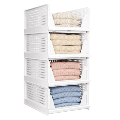 4 Pack Folding Closet Organizers Storage Box, Stackable Storage Bins, Plastic Drawer Basket Closet Storage for Wardrobe Cupboard Kitchen Bathroom Office White-4L | White Stackable Plastic Drawer Bins for Closets, Wardrobes, Kitchens, Bathrooms, Offices -