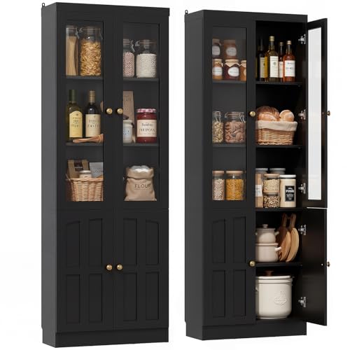 Cyclysio 80" Kitchen Pantry Cabinet with Glass Doors and Adjustable Shelves, Kitchen Cabinet with Thickened Top Panel, Tall Cabinet for Livingroom, Pantry, Bathroom, Black, Set of 2