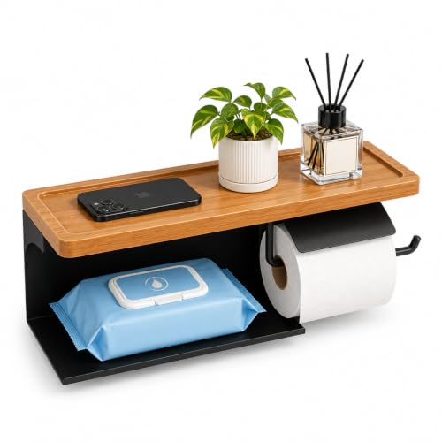 Toilet Paper Holder with Wide Solid Wood Shelf, Wall Mounted Matte Black | 16" X 5.3" Double Roll Holder Fits Phone & Large Wipes Storage | Rust-Resistant for Rustic Farmhouse Bathrooms Organizer