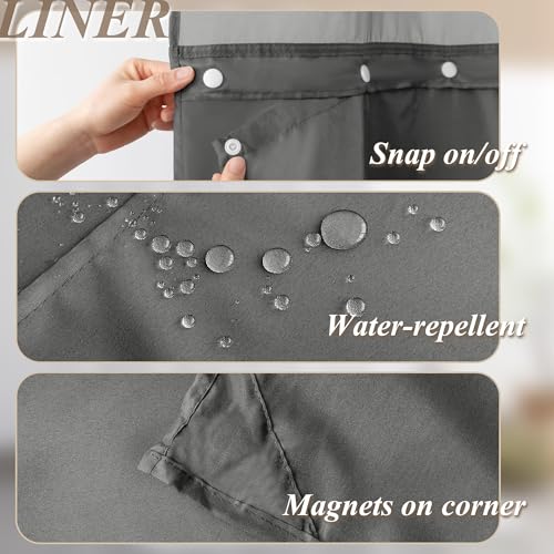 Barossa Design 3 Pcs 71x74 No Hook Shower Curtain Set with Rugs Grey | Mesh Window Top, 17Wx24L plus 19Wx29L Chenille Non-Slip Bath Mat, Snap-in Liner - color: Grey