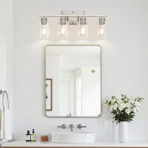 4-Light Brushed Nickel Bathroom Vanity Light with Clear Glass Shades - color: Brushed Nickel, size: 4-light