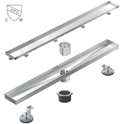 28 Inch Linear Shower Drain with Tile Insert Grate, Brushed | 304 Stainless Steel, Rectangle Tile Floor Drain for Bathroom, with Hair Strainer, Adjustable Feet, cUPC Certified - size: 28 inch