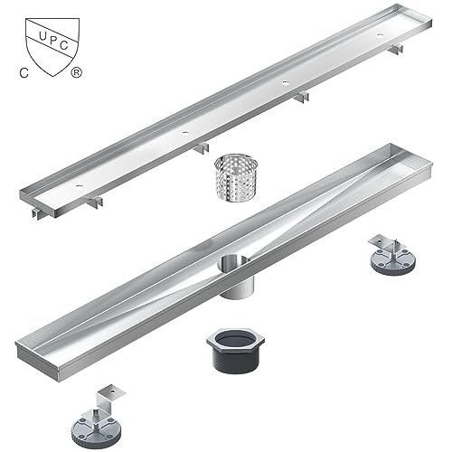 32 Inch Linear Shower Drain with Tile Insert Grate, Brushed | 304 Stainless Steel, Rectangle Tile Floor Drain for Bathroom, with Hair Strainer, Adjustable Feet, cUPC Certified - size: 32 inch