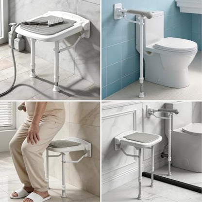 Folding Shower Seat with Adjustable PU Grab Bar, 550lbs Heavy Duty Fold Down Bath Bench with Legs, Non-Slip Comfort Grip and Removable Cushion, Wall Mounted Chairs for Seniors - size: Shower Seat+Grab Bar+Legs