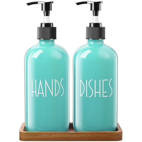 ALELION Turquoise Dish Soap Dispenser for Kitchen - 16 OZ Glass Hand Soap Dispenser Set with Pump and Acacia Wood Tray - Turquoise Kitchen Decor & Teal Kitchen Accessories - color: Turquoise