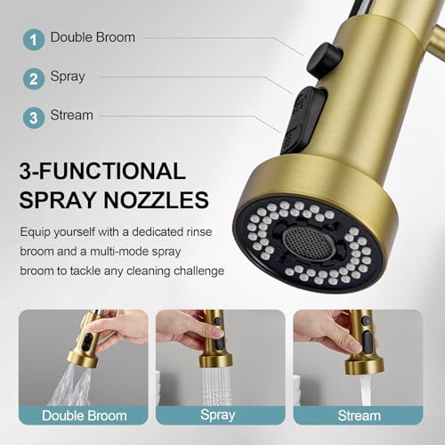 Gold Kitchen Faucets with Pull Down Sprayer, Stainless Steel Single Handle Pull Out Spring Sink Faucet, 3 Function Sprayer 1 or 3 Hole Deck Plate for Farmhouse Laundry Rv Bar - color: Gold, style: Classic