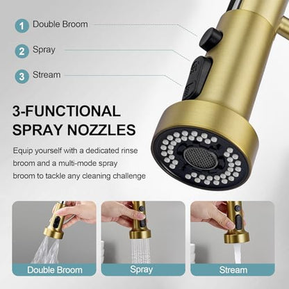 Gold Kitchen Faucets with Pull Down Sprayer, Stainless Steel Single Handle Pull Out Spring Sink Faucet, 3 Function Sprayer 1 or 3 Hole Deck Plate for Farmhouse Laundry Rv Bar - color: Gold, style: Classic