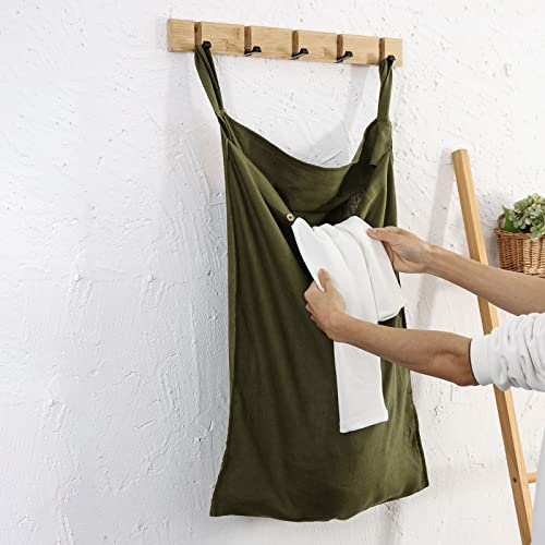 Linen Hanging Laundry Bag, 100% Linen Over The Door Laundry Hamper with Buttons and Zipper, Space Saving Door Hampers for Laundry Dirty Clothes Home Travel, Green - color: Green