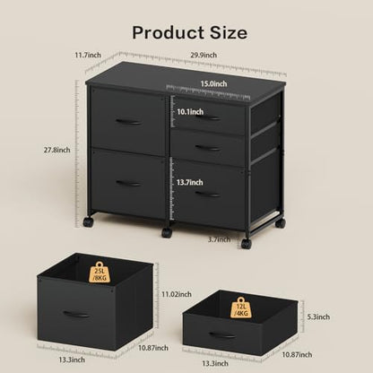 YeTom Lateral File Cabinet with 5 Drawers Rolling Filing Cabinets Under Desk Storage Printer Stand with Wheels,Mobile File Cabinet for Home Office,Black - color: Black