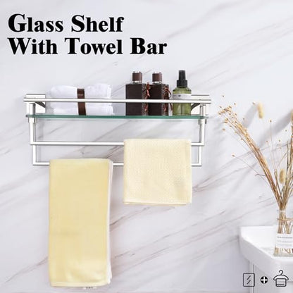 LANC Bathroom Shelf with Towel Bars - 20-Inch Silver Floating Tempered Glass Shelves with 2 Rails for Bathroom Kitchen Accessories Organizer Glass Rack Wall Mount Stainless Steel Chrome, A7617CP - color: Chrome Polished
