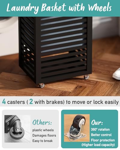 Black Laundry Hamper, Laundry Hamper with Wheels, 22.7 Gallon (86L) Bamboo Wood Clothes Laundry Basket with Handles, Removable Liner - color: Black