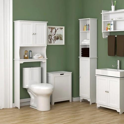 Redmon Louvered Double Doors Over the Toilet Space Saver Storage Cabinet (Full Side Panels), Adjustable Center Shelf, 23.50 Inch Width x 63.00 Inch Height, White Semi Gloss Enamel Finish
