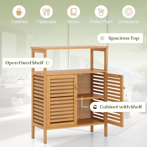 Tangkula Bamboo Floor Cabinet, Bathroom Storage Cabinet with Double Slatted Doors, Open Shelf, Removable Shelf, Storage Organizer for Bathroom Doorway Living Room Kitchen - style: Double Doors
