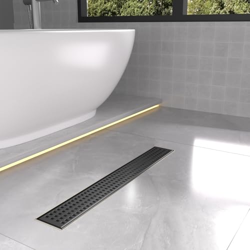 24 Inch Linear Shower Drain - Matte Black, with Removable Grate | AISI 304 Stainless Steel Shower Drain, Long Rectangle Shower Floor Drain with Adjustable Feet, Fits Bathroom & Balcony etc - color: Matte Black, size: 24 in