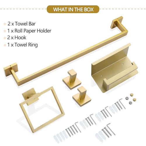 6-Piece Bathroom Hardware Set 23.6 Inch Gold Towel Bar Set Double Towel Bar Towel Ring Coat Hook and Toilet Paper Holder with Shelf Wall Mounted Stainless Steel Bathroom Accessories Set - color: 6-piece Gold