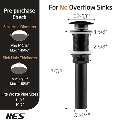 KES Black Sink Drain Without Overflow, Bathroom Sink Stopper, Pop Up Drain Vessel Sink, 2 Pack, Matte Black, All Metal Rustproof Brass and 304 Stainless Steel, for 1.6"-1.9" Sink Hole, S2008D-BK-P2 - color: Matte Black, style: NO Overflow, 2 Pack