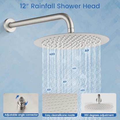 Airuida 3-Function Shower System with Tub Spout – Round Rainfall Shower Faucet Combo,Handheld Spray with 2 Functions,Includes Rough-In Valve with 360° Rotating Drain,12 Inch Shower Head,Brushed Nickel - color: Brushed Nickel, size: 12 Inch