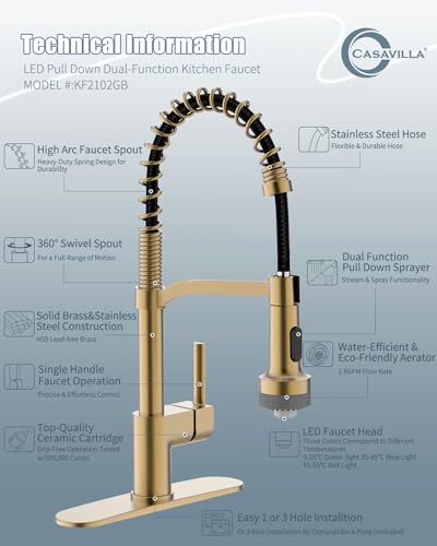LED Kitchen Faucet with Soap Dispenser, Gold Kitchen Faucet, Faucet for Kitchen Sink, Single Handle Stainless Steel Camper Farmhouse RV Sink Faucets with Pull Down Sprayer - color: C-Brushed Gold, style: Contemporary
