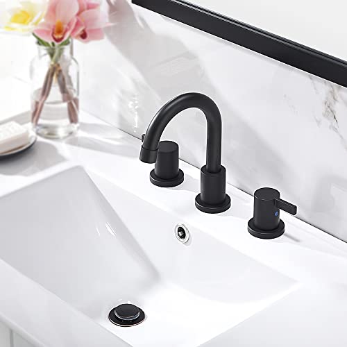 8 Inch 3-Hole Low-Arch 2-Handle Widespread Bathroom Faucet with Valve and Metal Pop-Up Drain Assembly,Matte Black, WF15-1-MB - color: Black