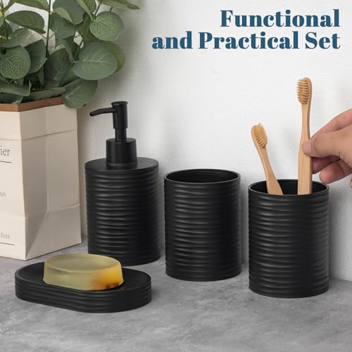 Plastic Bathroom Accessories Set,Black Bathroom Accessory Set Includes Liquid Soap Dispenser with Rust-Proof Plastic Pump,Bathroom Cup,Soap Dish for Modern Home Apartment - color: Black
