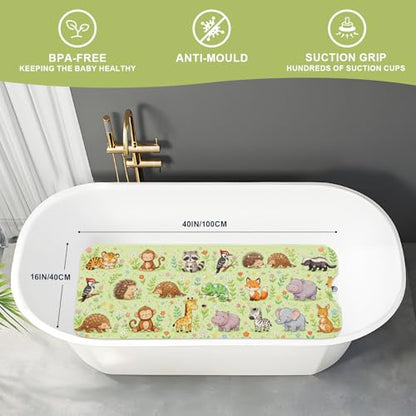Baby Bath Mat for Tub Non Slip Kids, BPA Free Extra Long Bathtub Mat 40x16 with Drain Holes and 200 Suction Cups, Non Toxic Machine Washable Toddler Bath Mat, Eco-Friendly Certified - color: N-three Rows of Animals