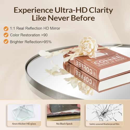 Round Bathroom Mirror, 24’’ Brushed Silver Round Bathroom Mirrors in Stainless Steel Metal Frame 1" Deep Set Design | Rust-Proof Stainless Steel Thin Frame, Shatterproof HD Glass, 9mm MDF Backboard, Ideal for Bathroom, Entryway, Over Sinks - color: Silver