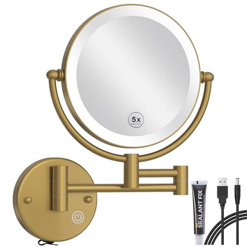 Wall Mounted Lighted Makeup Mirror with Magnification 5X, Rechargeable Bathroom Magnifying Shaving Cosmetic Mirror with Extension Swing Arm, Touch Stepless Dimming, Brushed Moderne Brass - color: Brushed Moderne Brass