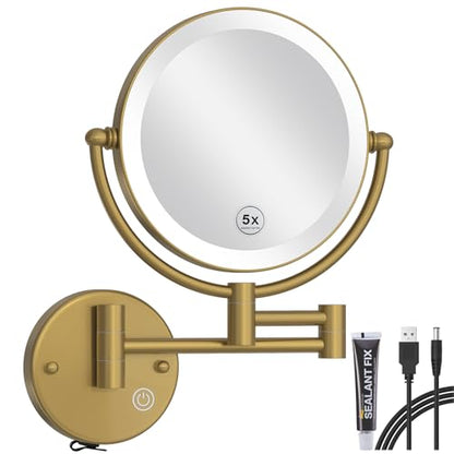Wall Mounted Lighted Makeup Mirror with Magnification 5X, Rechargeable Bathroom Magnifying Shaving Cosmetic Mirror with Extension Swing Arm, Touch Stepless Dimming, Brushed Moderne Brass - color: Brushed Moderne Brass