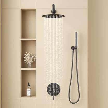 BESy Shower System with 10 Inch Round Rain Shower Head and Handheld Wall Mounted, High Pressure Rainfall Shower Faucet Fixture Combo Set with 2 in 1 Handheld Showerhead for Bathroom, Bronze - color: Bronze