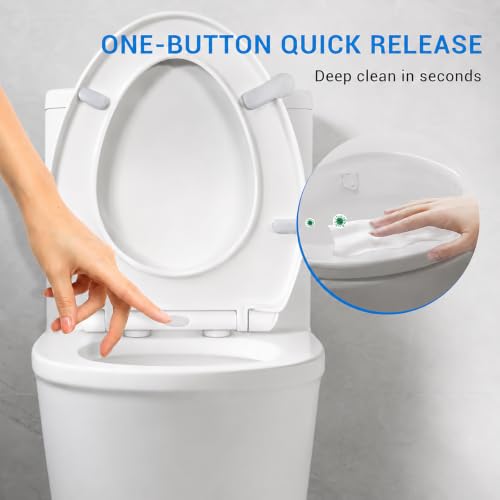 KHE Elongated Toilet Seat, 18.5 Inch, White | Soft Close Toilet Seat with No-Touch Handle, Quick Release for Easy Cleaning, Non-Slip Bumpers, Durable PP - size: Elongated 18.5''