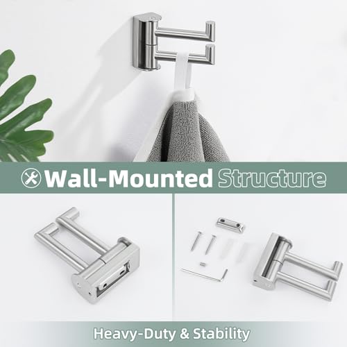 Aomasi Brushed Nickel Double Swivel Towel Hook, 304 Stainless Steel Folding Clothes Hanger, Wall Mounted - color: Brushed Nickel, size: 1 Pack