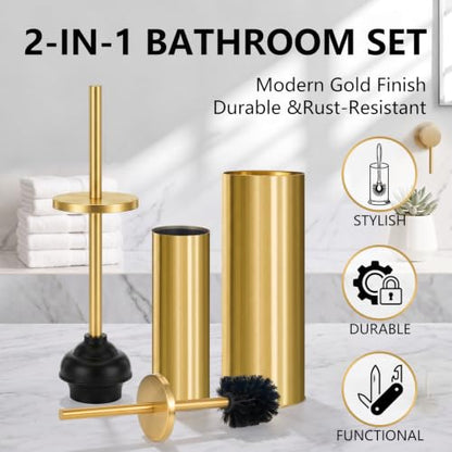 Gold Toilet Plunger and Brush Set, 2 Piece Stainless Steel Bathroom Cleaning Combo with Holder, Modern Luxury Gold Finish Cleaning Toilet Tools for Bathroom Deeply Clean and Decor