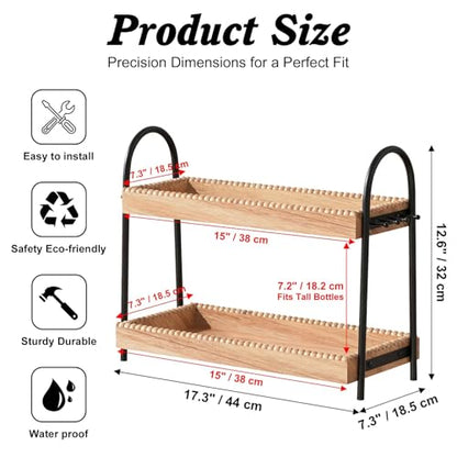 Bathroom Organizer Countertop Tall 2-Tier Waterproof 20+ Bottles 8 Hooks | Tall design for family bathroom/vanity, fits tall perfume/skincare, paulownia wood shelf, 8 hooks keep jewelry tidy, non-slip - color: B-large-black & Light Brown