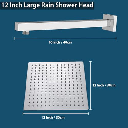 12" High Flow Rainfall Shower Head with 16" Shower Arm, Stainless Steel Square Showerhead Self-Cleaning Silicone Nozzles, Ultra-Thin Design, Universal Wall and Ceiling Mount (Chrome) - size: 12 Inch Square