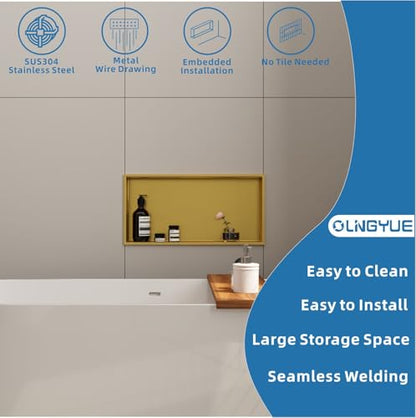 Brushed Gold Shower Niche: No Tile Needed Stainless Steel - 24"x12" Recessed Wall Niches Shelf for Bathroom Kitchen Toilet Storage - color: Brushed Gold