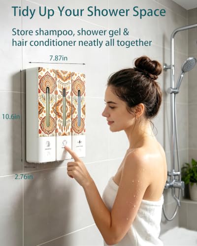 Boho Shampoo and Conditioner Dispenser 3 Chamber Wall Mount Shower Set No Drill Wall Mounted, ABS Plastic Refillable Body Wash & Soap Dispenser Set, Bathroom Shower Organizer, Bohemian Decor