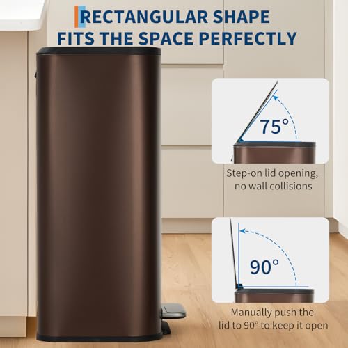 GarveeHome 8 Gal Kitchen Trash Can, Stainless Steel Garbage Can, Brown | Soft Close Lid, Hands-Free Foot Pedal, Removable Inner Bucket, Rectangular Step On Waste Bin for Home Office Living Room - color: Brown, size: 30 L
