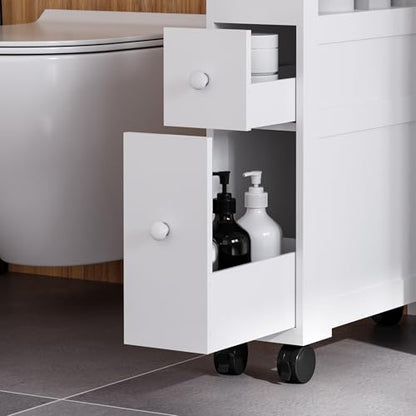 HOMCOM 6.25" x 20.5" x 28.25" Wood Rolling Narrow Bathroom Side Storage Cabinet - White - color: White