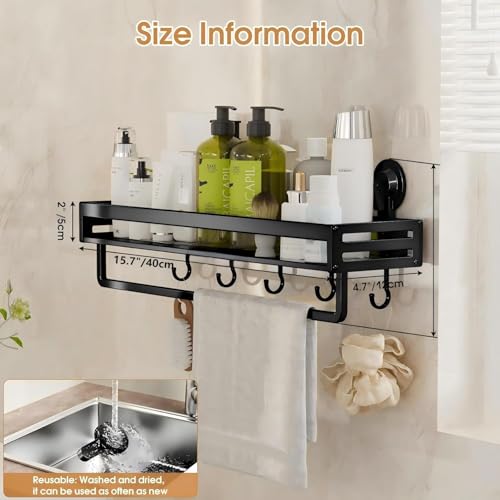 Suction Cup Shower Caddy with 5 Hooks & Towel Rrack 15.7inch Black | No Drilling Shower Organizer with Large Capacity, Rust-resistant Bathroom Organizer, Heavy Duty Shower shelves for Bathroom - size: 15.7 inches(US)