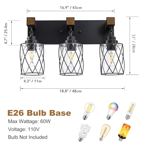 Bathroom Light Fixtures,Farmhouse Black Metal with Glass Shade | 3 Light Rustic Vanity Lights, Wood Accent Wire Cage Design, Mounts Over Mirror, Ideal for Bedroom & Hallway,Easy to Install - size: 3-Light